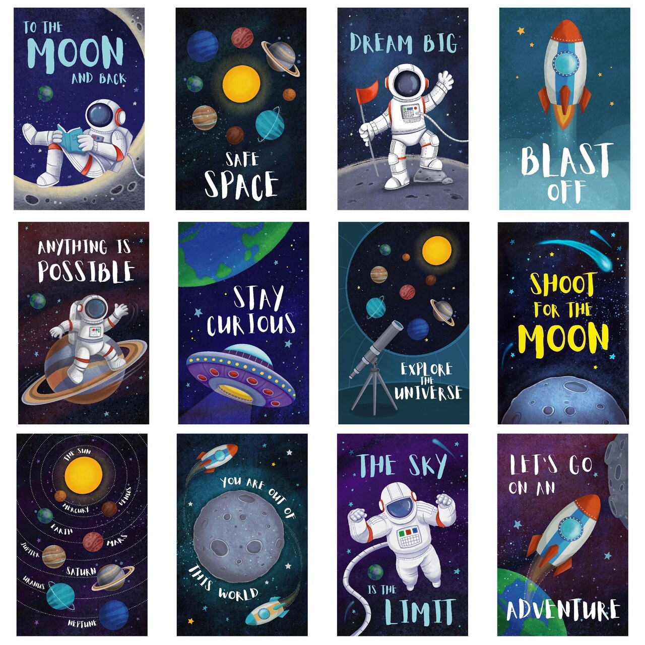 Bright Creations Space Posters for Classroom Pack - Space Themed Motivational Prints & Educational Posters - Classroom Wall Decor & Kids Room Decor - 11 x 17 in, Black & White, 12 Pack